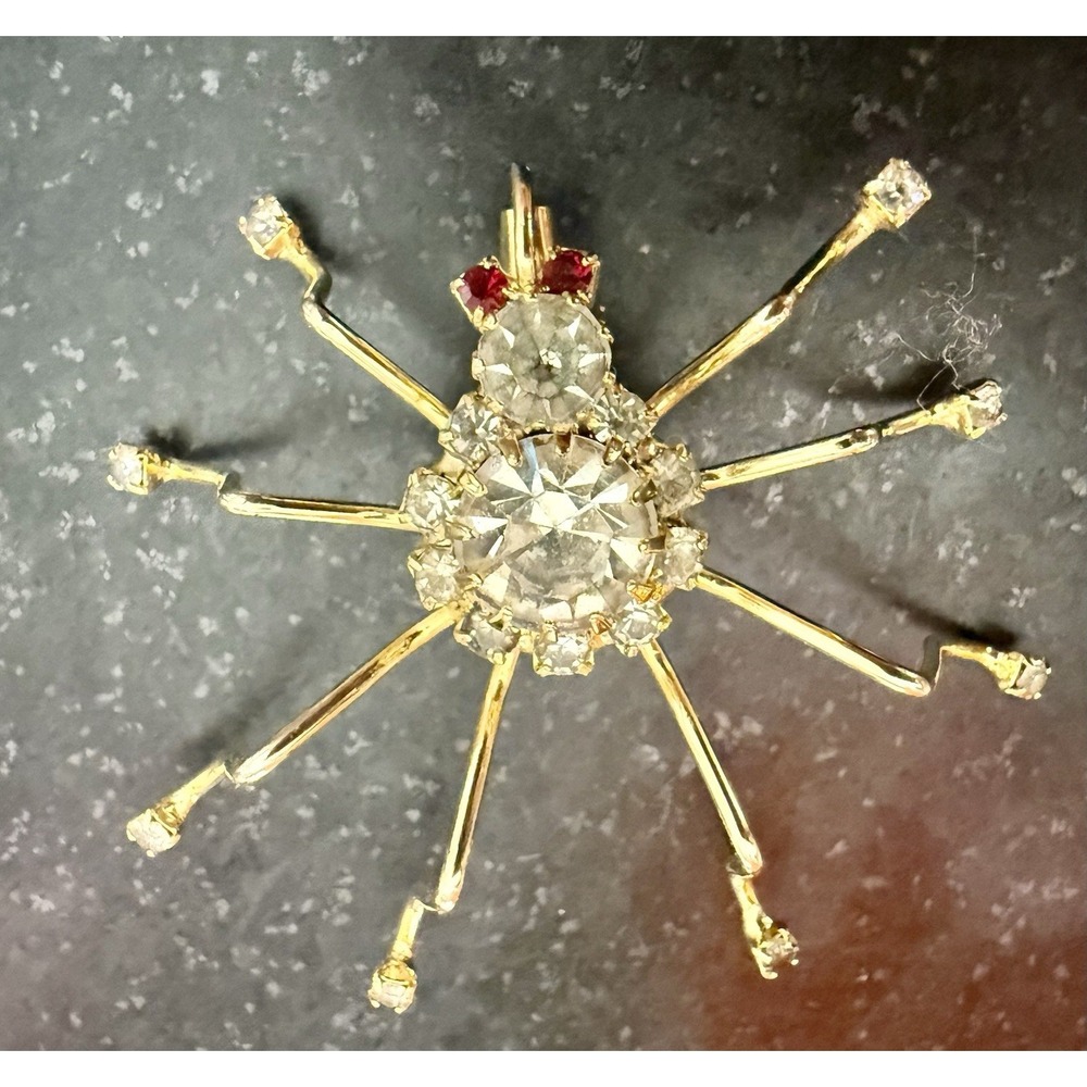 Vintage Rhinestone Spider Brooch Gold Tone Red Eyes Halloween Insect Pin